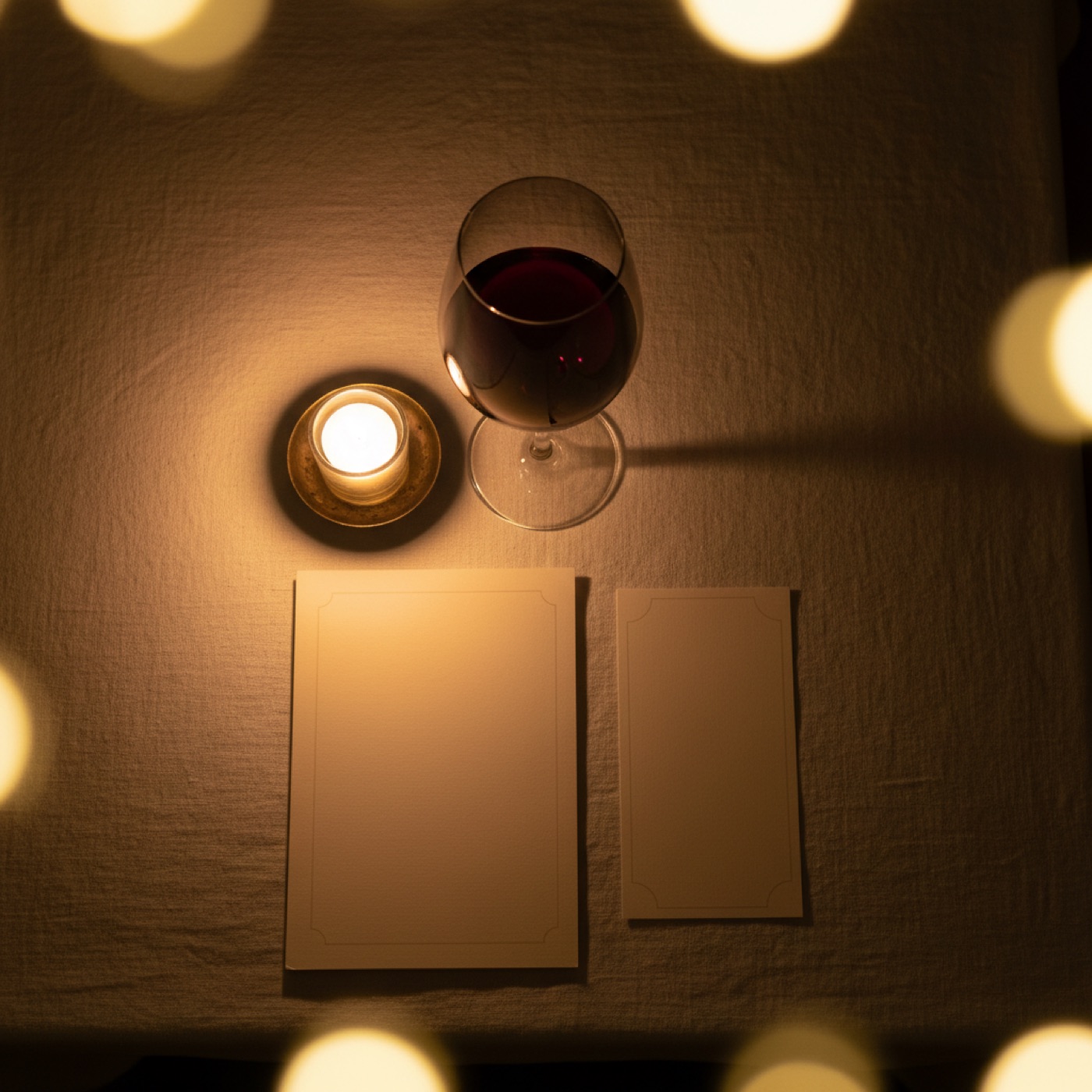 A candlelit restaurant table with a glass of red wine, a menu, and a wine list